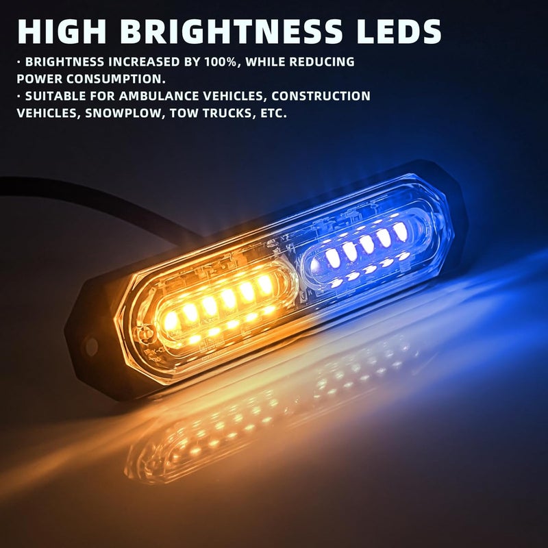 PKINGLAKE 8-Pcs 12 LED Sync Feature Emergency Strobe Grille Lights Ultra Slim Surface Mount Hazard Warning Flashing Light Bar for Firefighter/Construction/Police/Trucks/Vehicles/Car/SUV (Blue/Amber) - Image 3